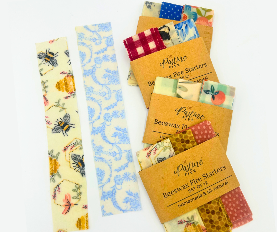 Beeswax fire starters with various designs on a white background