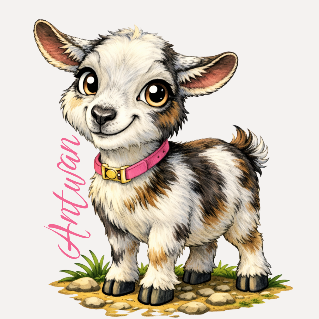 Illustration of a small goat with a pink collar on a white background