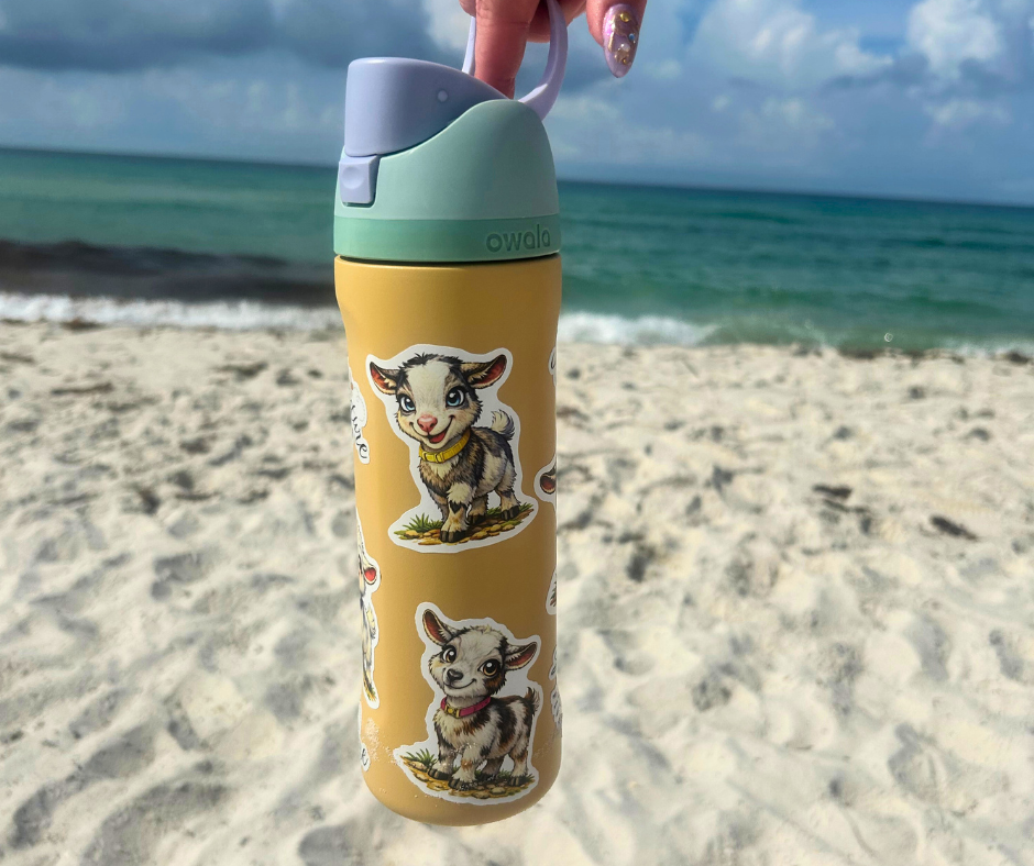 Yellow water bottle with animal stickers held on a beach