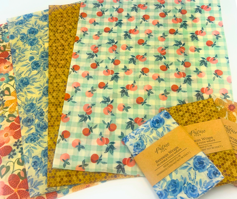 Collection of patterned fabric swatches with a visible Pasture Five label.