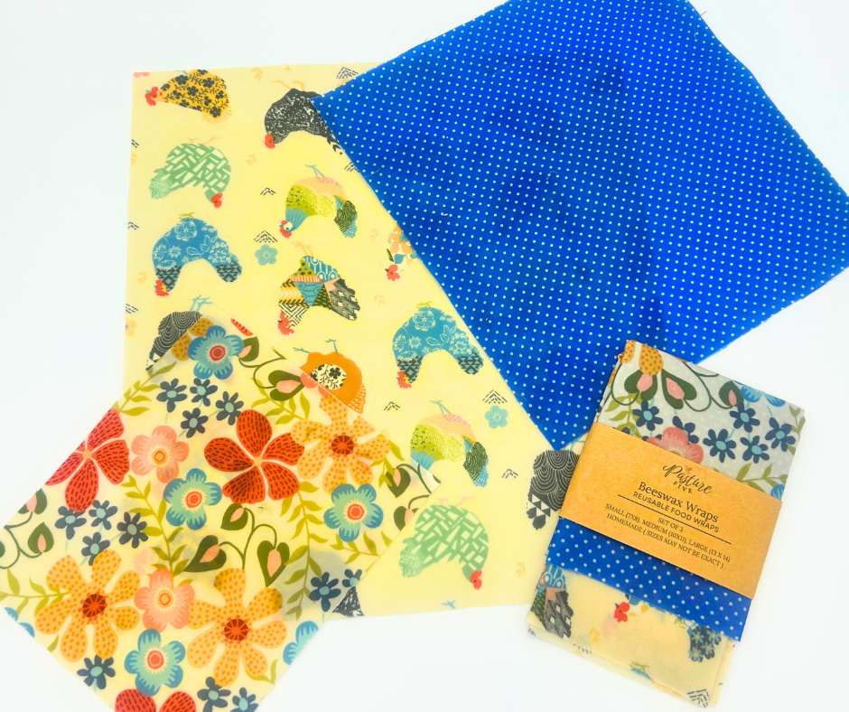 Set of wax wraps with colorful patterns on a white background