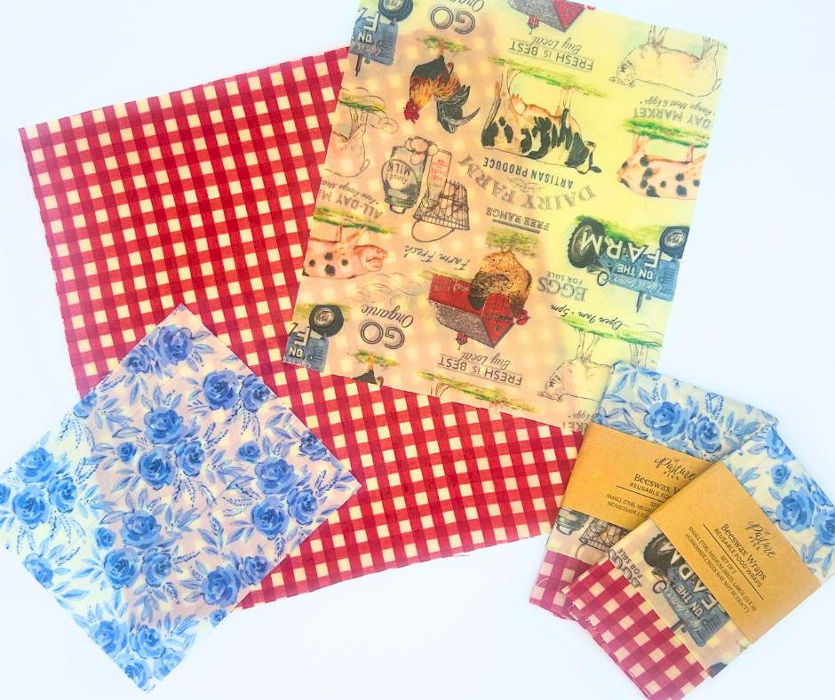 Collection of patterned wax wraps swatches including red checkered, floral, and vintage-style designs.