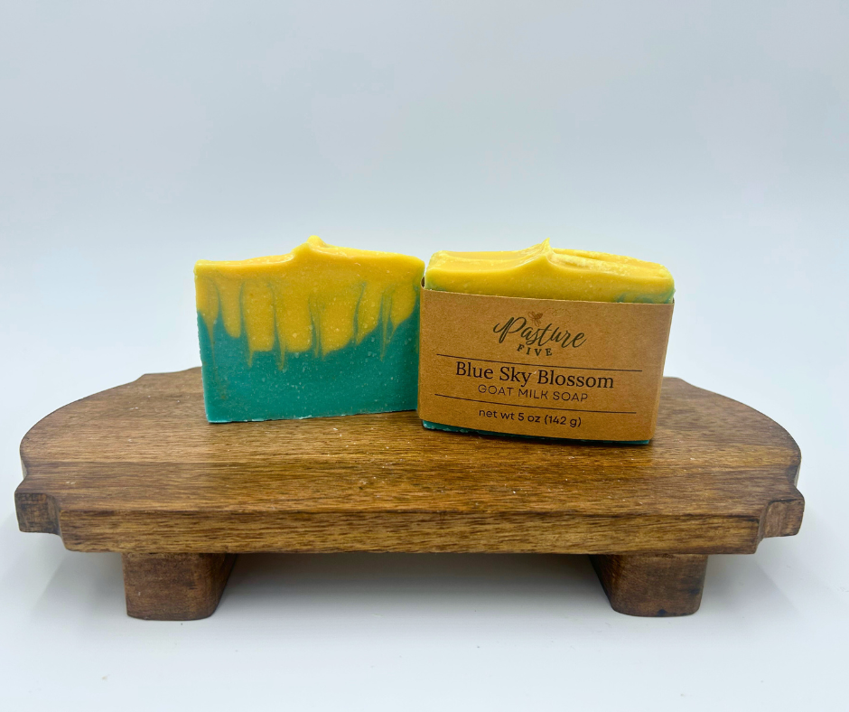 Two bars of soap with a wooden stand on a white background