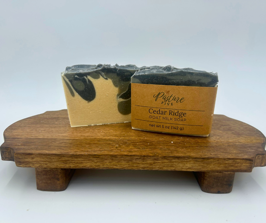 Two bars of soap on a wooden stand with a white background