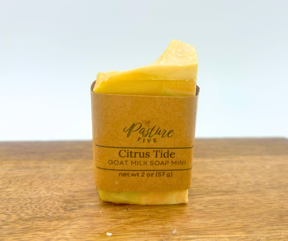 Minii Bar of Citrus Tide goat milk soap in a brown paper packaging on a wooden surface with a light blue background.