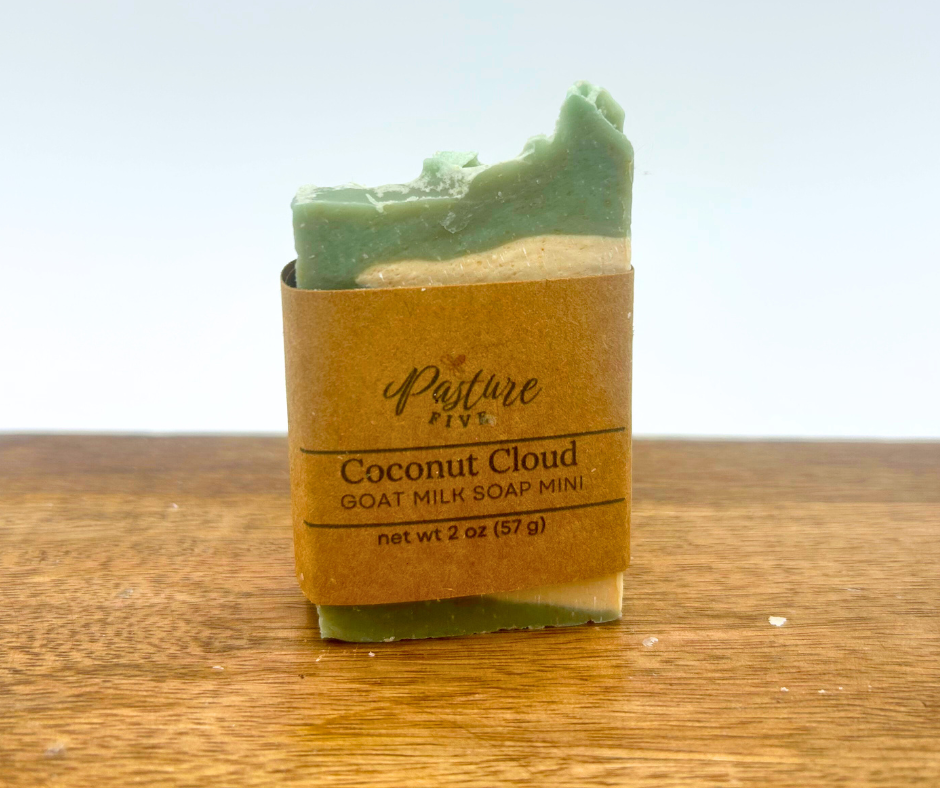 Mini Coconut Cloud Bar of soap with a brown label on a wooden surface