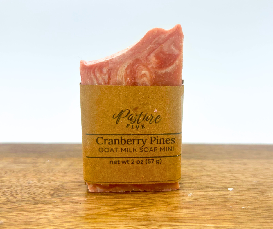 Mini Goat milk soap bar with 'Cranberry Pines' packaging on a wooden surface