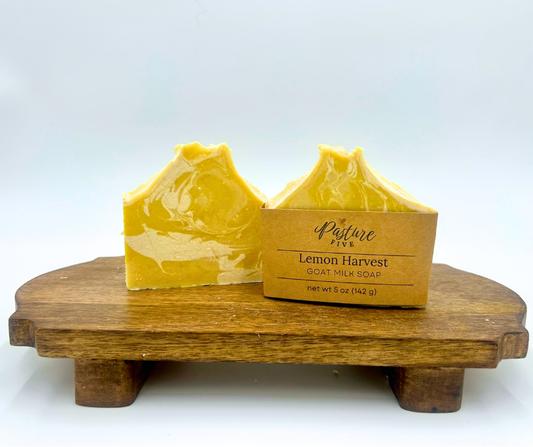 Two bars of lemon harvest goat milk soap on a wooden stand with a white background