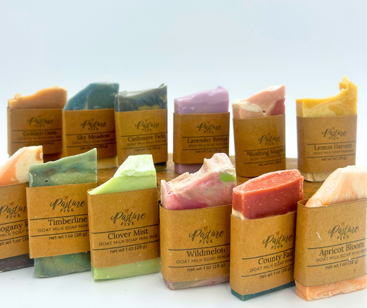 Mini Assorted soaps in brown paper packaging with visible brand name on a white background