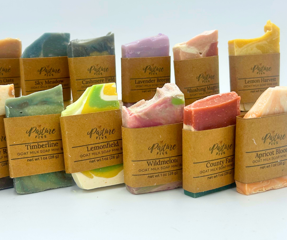 Mini 1oz assorted bars of soap with visible branding on a light background