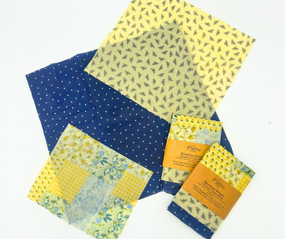 Set of Wax Wraps and two packs of wax wraps on a white backdrop.