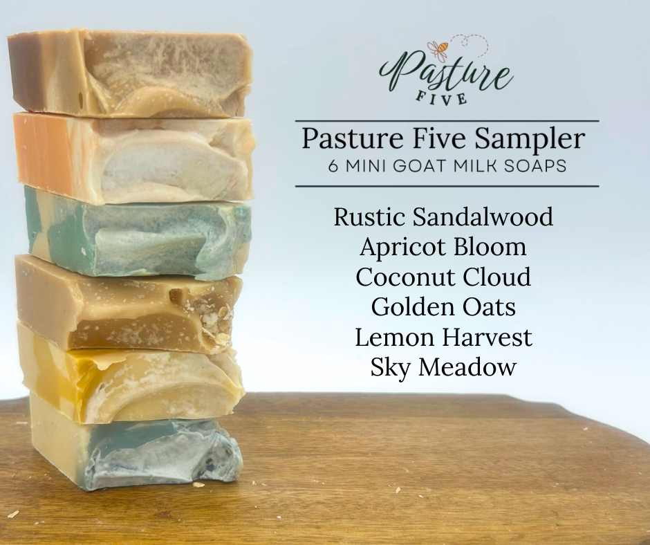 Stack of six mini goat milk soaps with 'Pasture Five' branding and soap names listed.