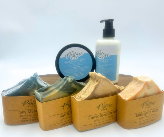 Collection of Pasture Fresh soap and body wash products on a white background