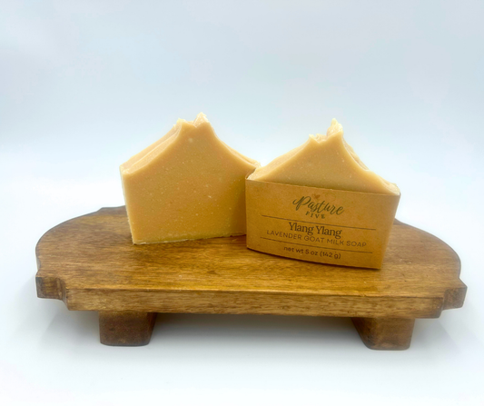 Two yellow soap bars on a wooden stand with a white background