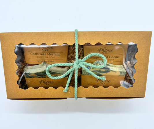 The winter collection gift box with four soaps in a brown box with ribbon
