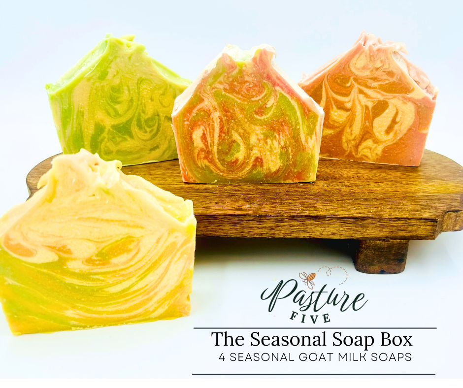 Four colorful goat milk soap bars on a wooden stand with 'Pasture Five' branding.